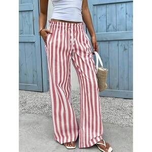 EZwear Red & White Striped Woven Wide Leg Pants For Women Boho Beach Summe